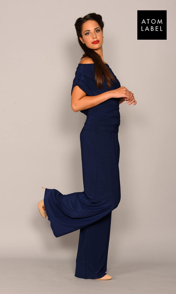 Atom Label Carbon Navy Blue Jersey Jumpsuit - Fab Frocks