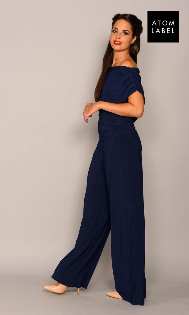 Atom Label Carbon Navy Blue Jersey Jumpsuit - Fab Frocks