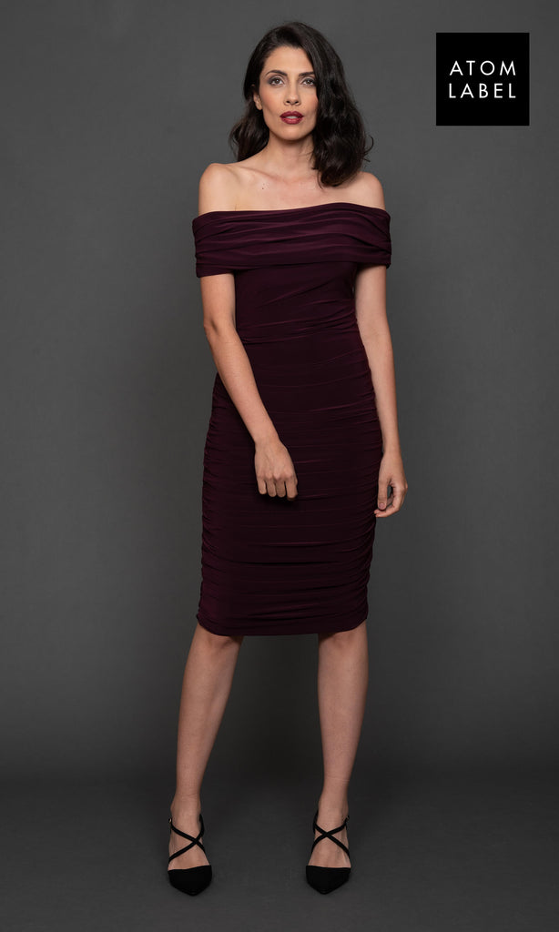 Atom Label Copper Plum Purple Bardot Jersey Cocktail Dress - Fab Frocks