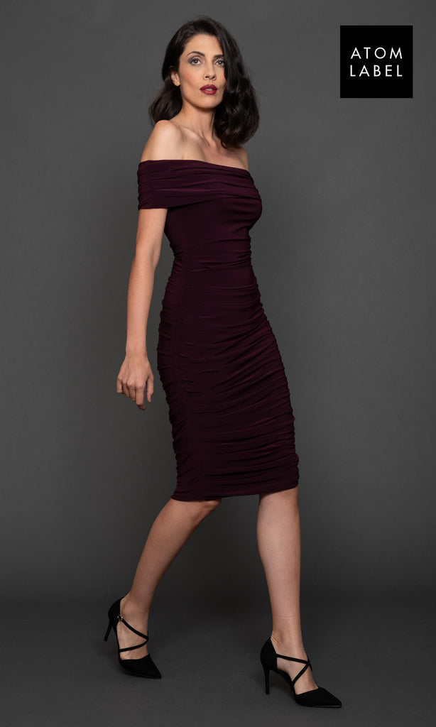 Atom Label Copper Plum Purple Bardot Jersey Cocktail Dress - Fab Frocks