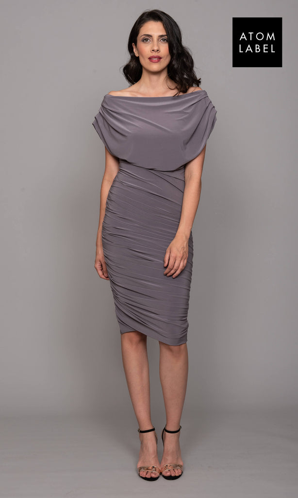 Atom Label Oxygen Taupe Jersey Cocktail Occasion Dress - Fab Frocks