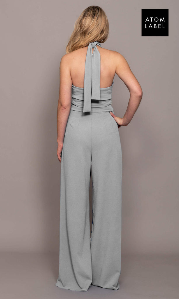 Xenon Silver Grey Atom Label Halterneck Crepe Jumpsuit - Fab Frocks
