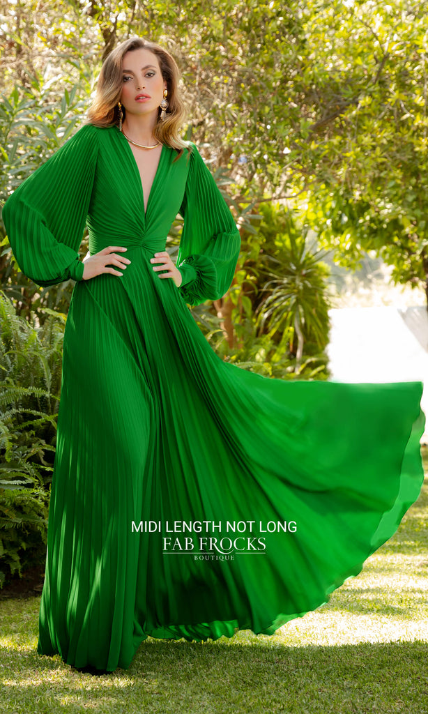 Carla Ruiz 198500 Midi Length Green Pleated Plunge Neck Dress - Fab Frocks