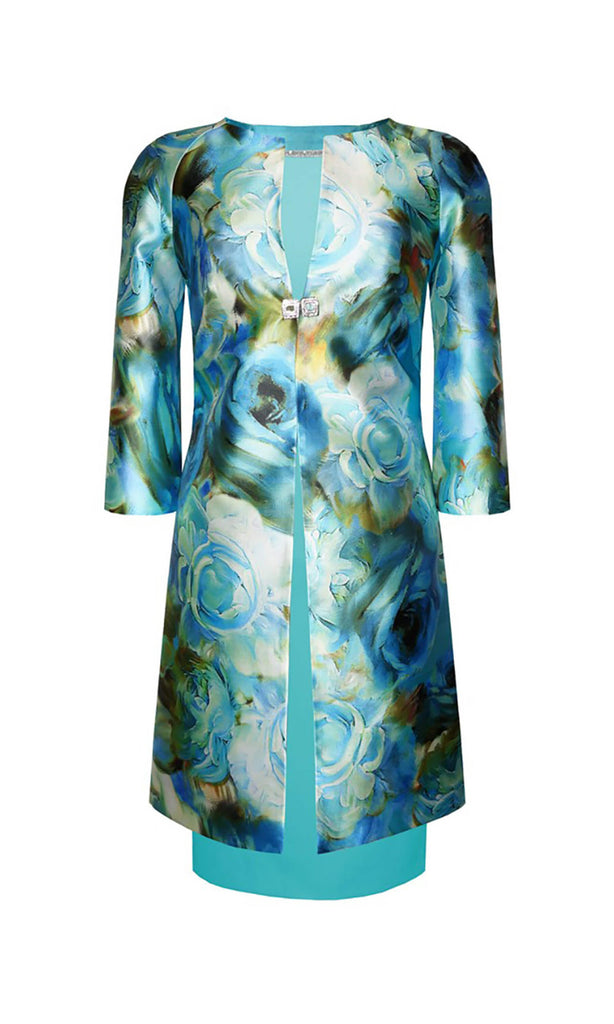 94756 Turquoise Carla Ruiz Dress & Print Frock Coat - Fab Frocks