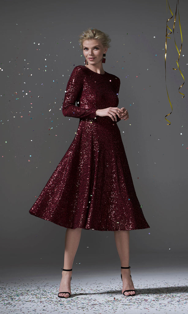 96096 Dark Red Carla Ruiz Sequin Party Dress With Sleeves - Fab Frocks