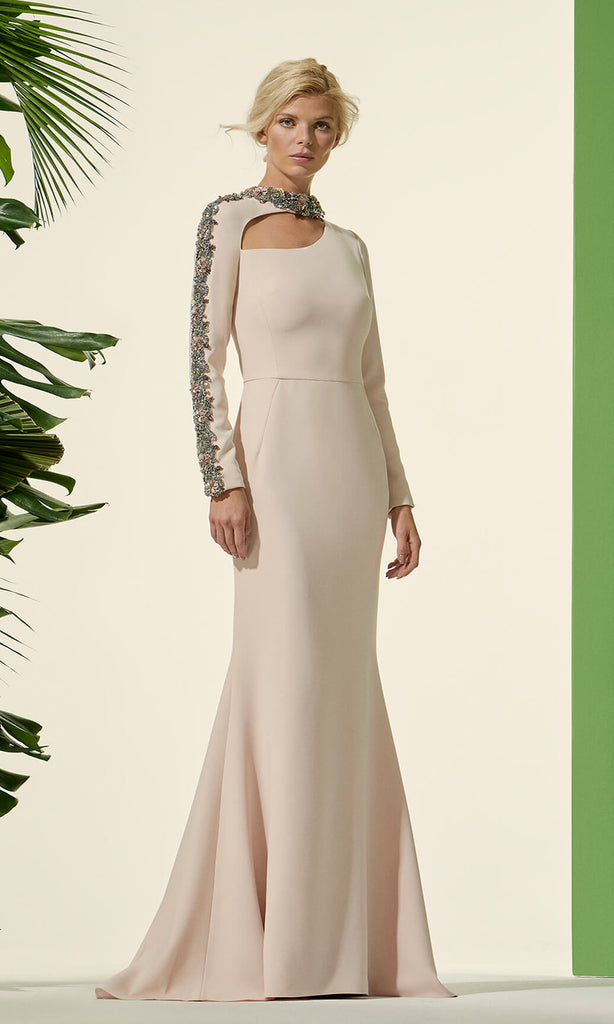 96704 Rosa Pink Carla Ruiz Long Dress With Sleeves - Fab Frocks