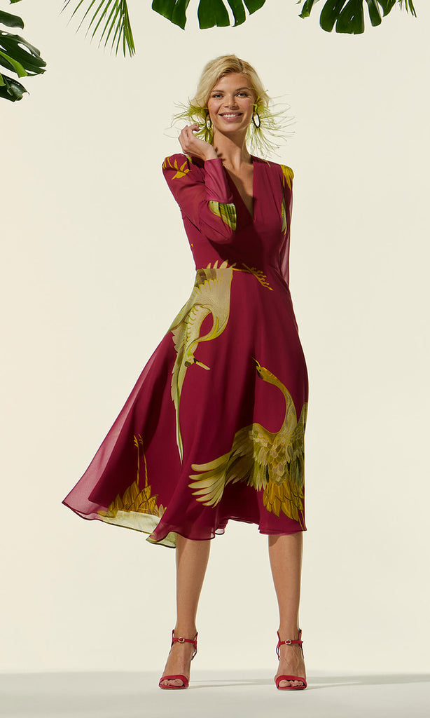 96706 Fuchsia Carla Ruiz Stork Print Special Occasion Dress - Fab Frocks