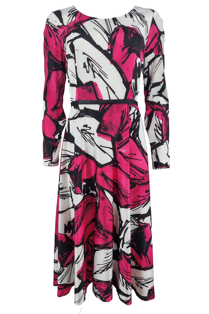 Carla Ruiz 97579 Fuchsia Pink Print Midi Dress With Sleeves - Fab Frocks Boutique