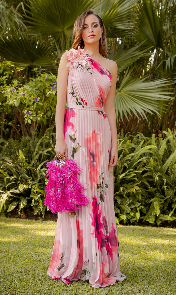 Carla Ruiz 98409 Pink Floral Print One Shoulder Long Pleated Dress - Fab Frocks