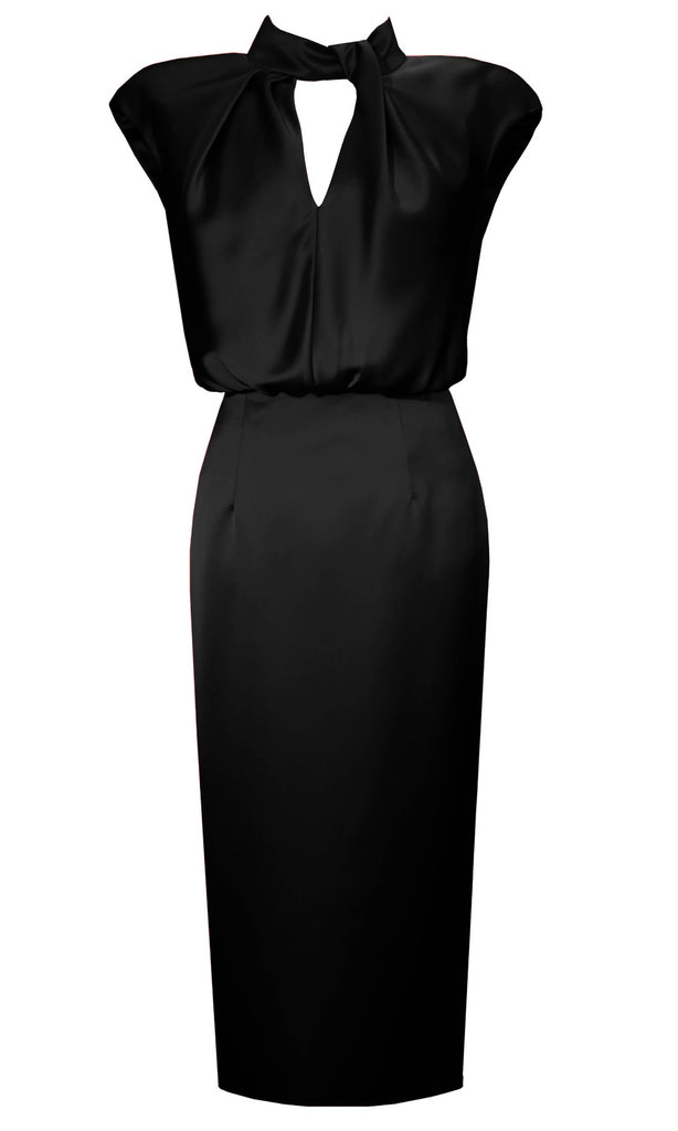 Carla Ruiz 99075 Black High Neck Satin Top Cocktail Pencil Dress - Fab Frocks