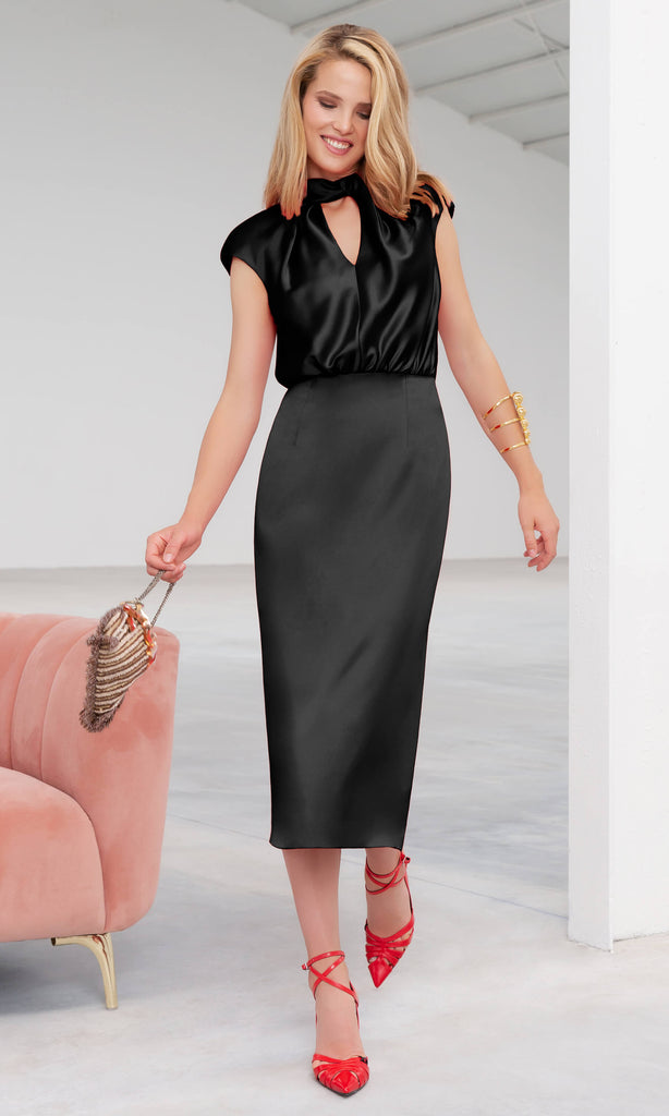 Carla Ruiz 99075 Black High Neck Satin Top Cocktail Pencil Dress - Fab Frocks