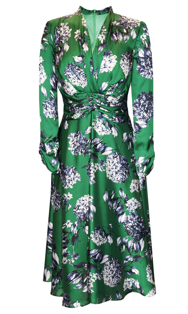 Carla Ruiz 99078 Green Flower Print Satin Dress With Sleeves - Fab Frocks