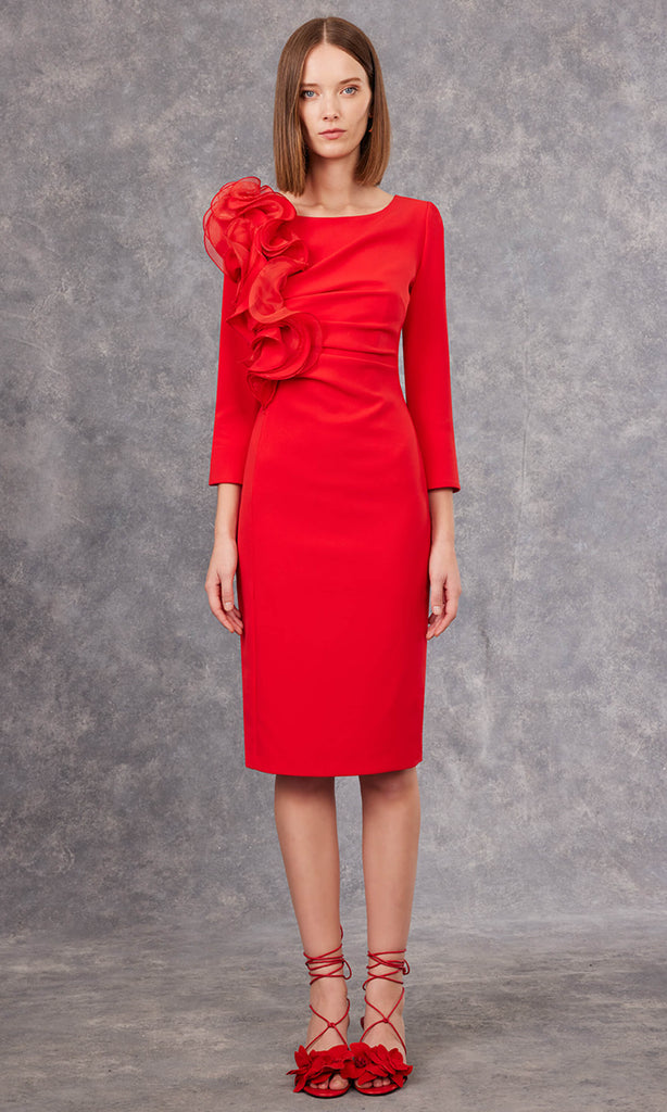 Carla Ruiz 99537 Red Ruffle Shoulder Occasion Dress - Fab Frocks Boutique