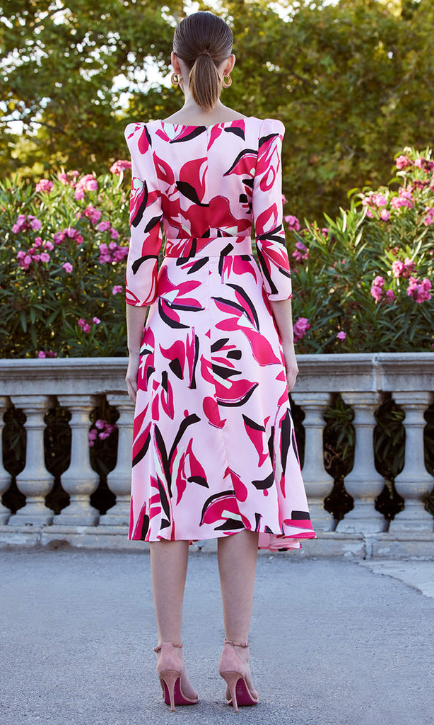 Carla Ruiz 99631 Rosa Pink V-Neck Midi Floral Dress With Sleeves - Fab Frocks Boutique