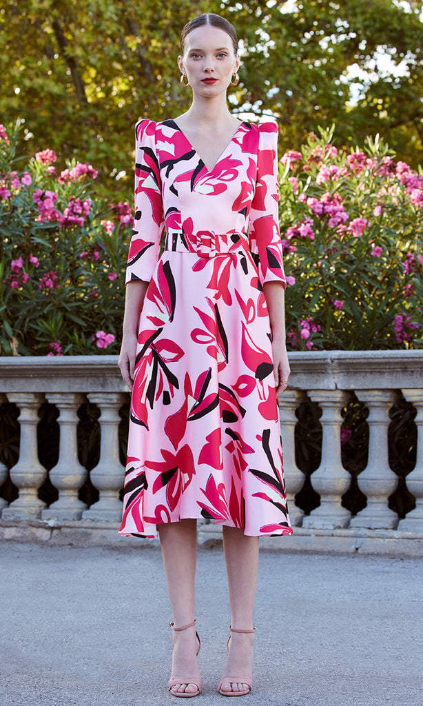 Carla Ruiz 99631 Rosa Pink V-Neck Midi Floral Dress With Sleeves - Fab Frocks Boutique