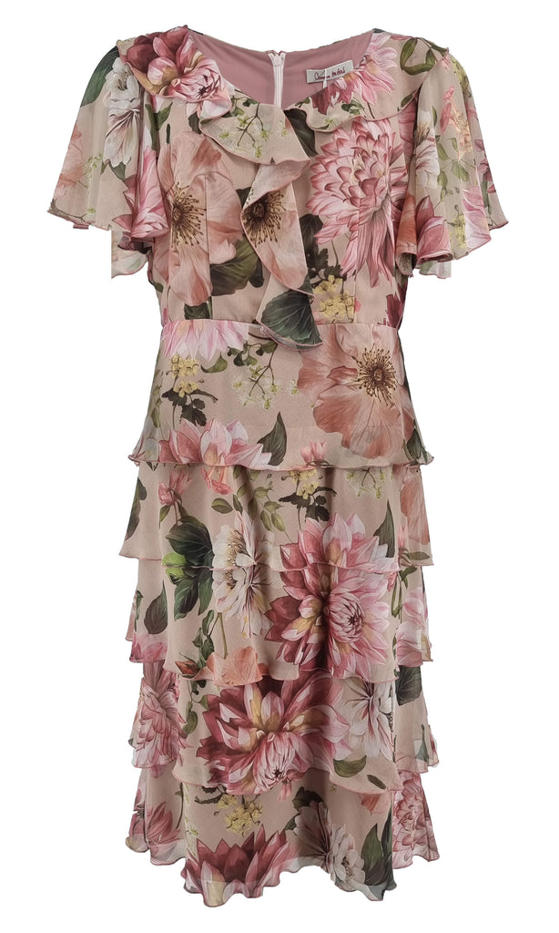 Carmen Melero 9050-1-4346 Taupe Pink Floral Layer Dress - Fab Frocks