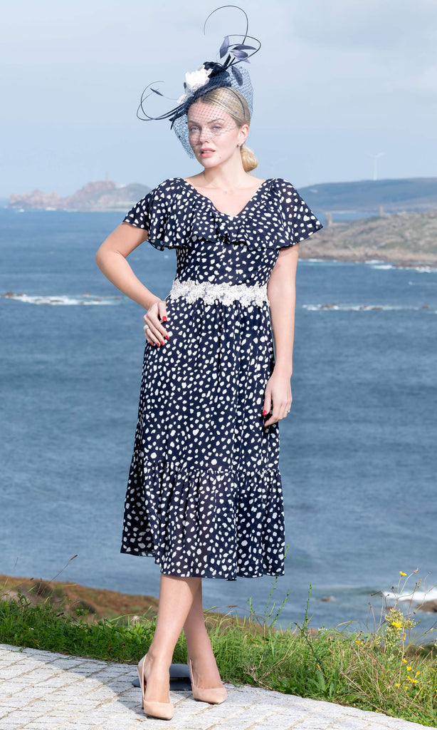 Carmen Melero 9059-0-4339 Navy Spot Cape Sleeve Midi Dress - Fab Frocks