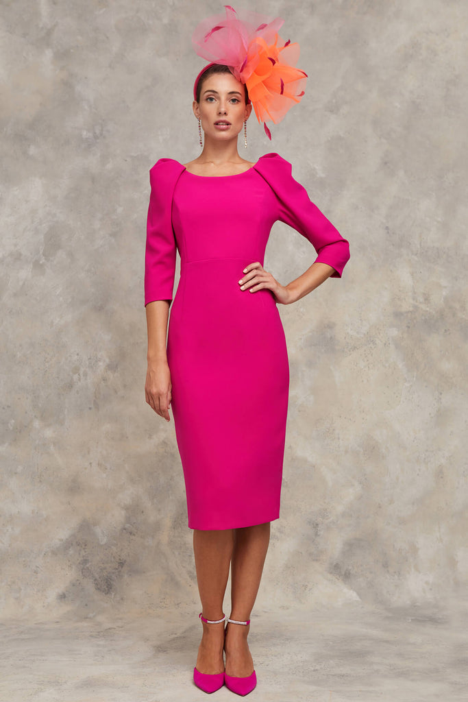 Claudia C Cezanne Fuchsia Pink Puff Sleeve Midi Occasion Dress - Fab Frocks Boutique