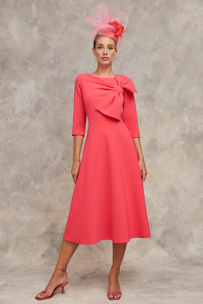Claudia C Picass Coral Bow Front Occasion Dress With Sleeves - Fab Frocks Boutique