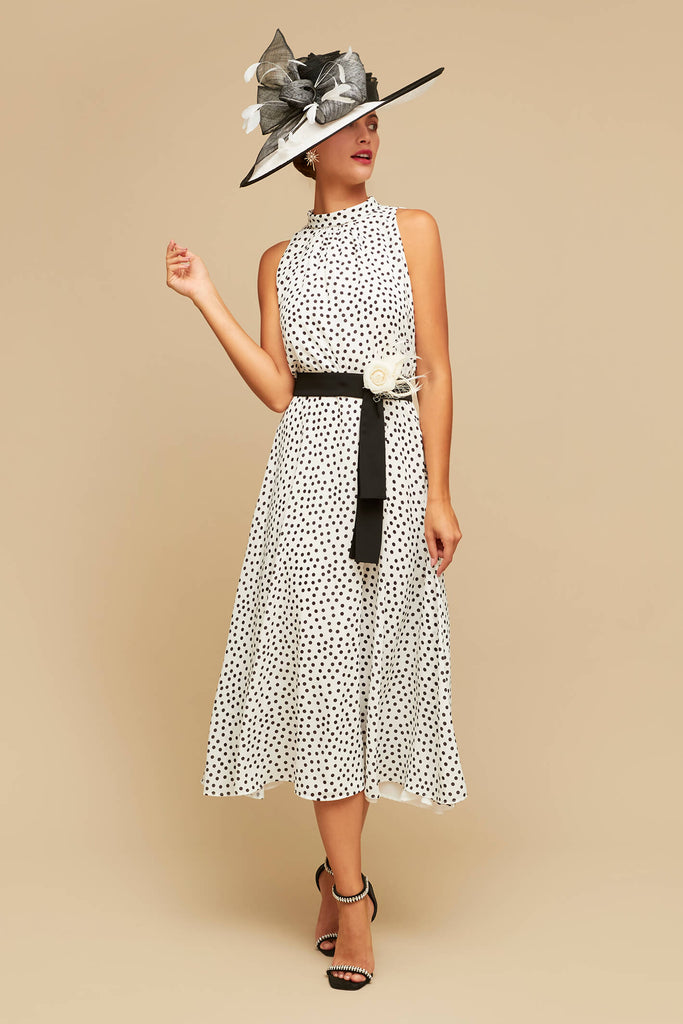 Claudia C Verdejo 540 White Black High Neck Polka Dot Dress - Fab Frocks