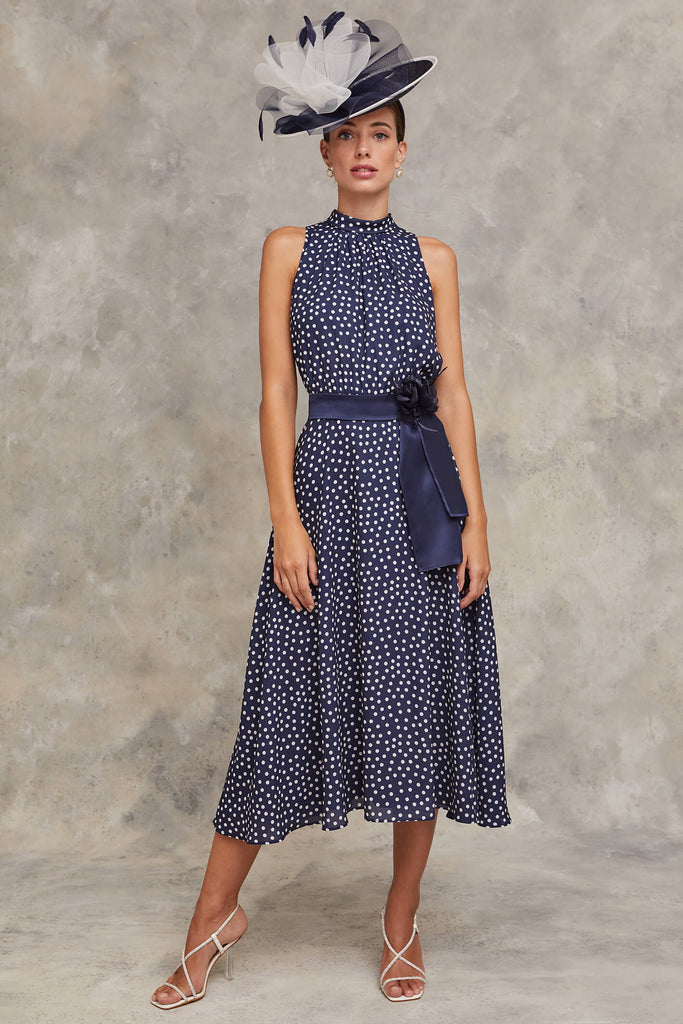 Claudia C Verdejo 540 Navy White High Neck Polka Dot Dress - Fab Frocks Boutique