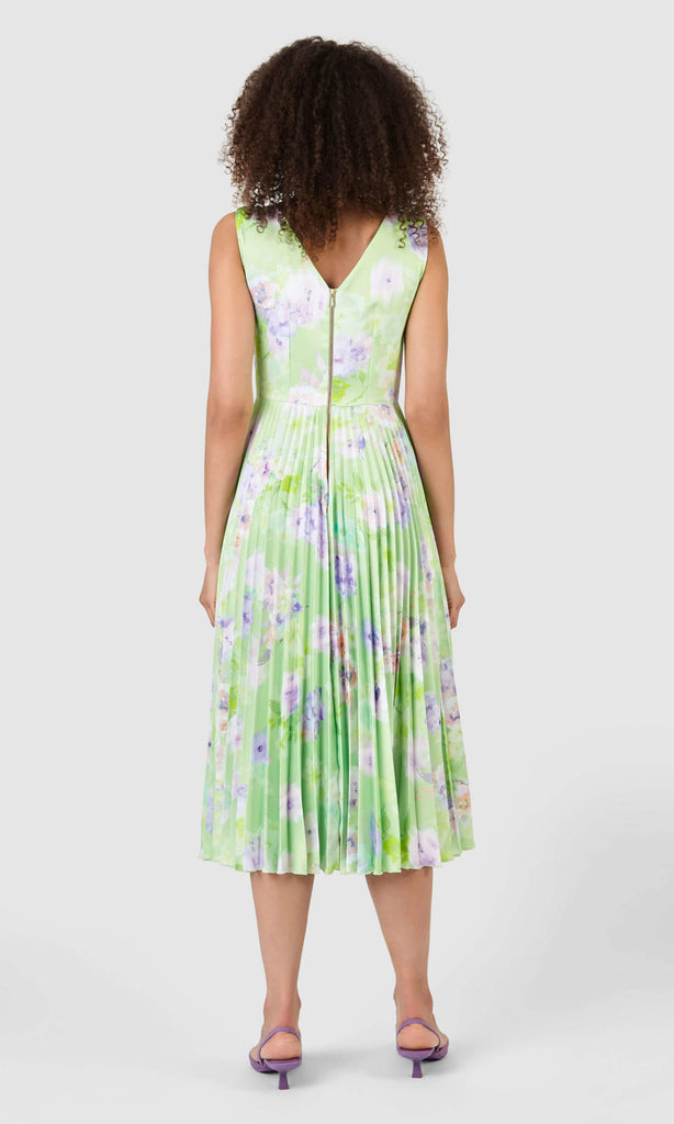 Closet London D7630 Lime Green Floral Print Pleated Midi Dress - Fab Frocks