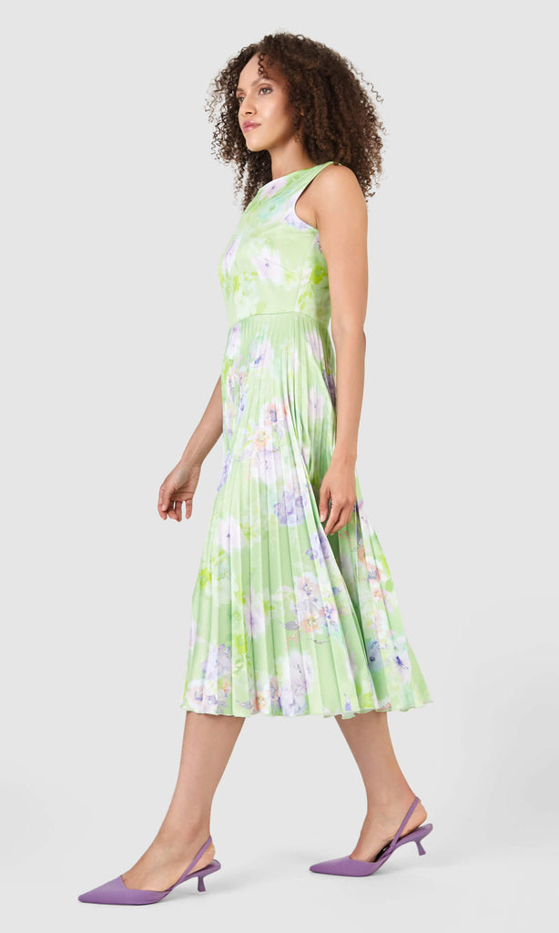 Closet London D7630 Lime Green Floral Print Pleated Midi Dress - Fab Frocks