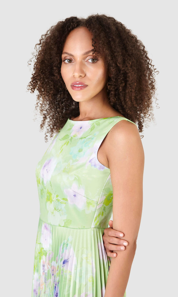 Closet London D7630 Lime Green Floral Print Pleated Midi Dress - Fab Frocks