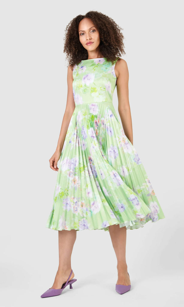 Closet London D7630 Lime Green Floral Print Pleated Midi Dress - Fab Frocks