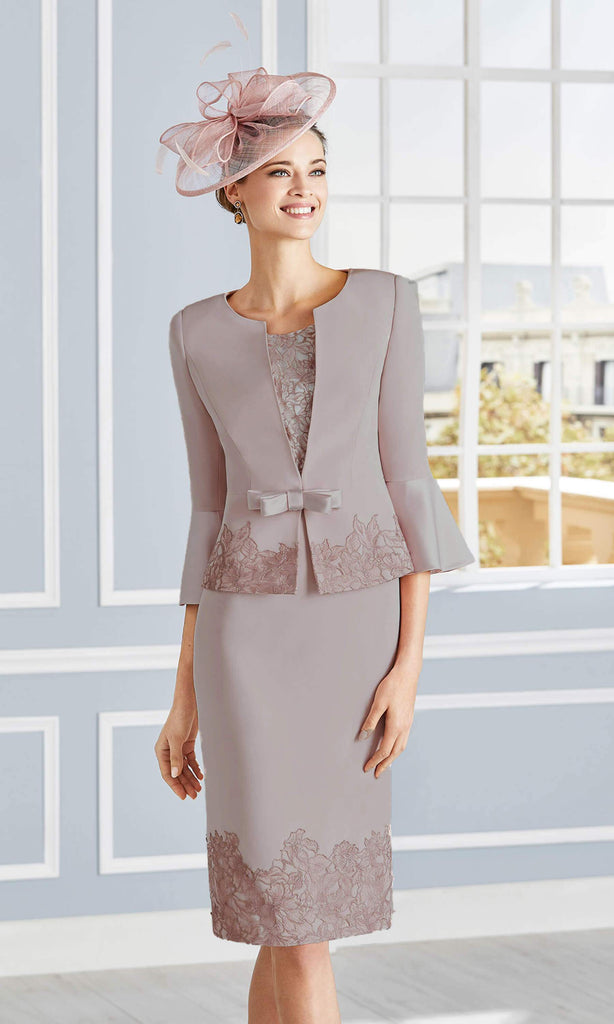 4G279 Taupe Couture Club Dress & Jacket With Lace Sleeves - Fab Frocks