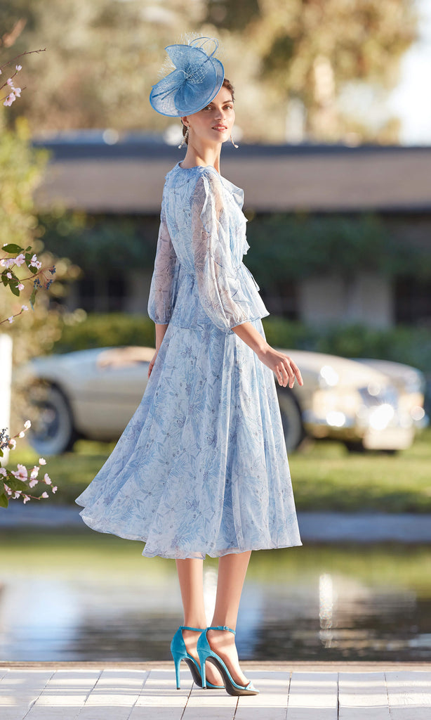 Couture Club 5G109 Blue Chiffon Midi Occasion Dress With Sleeves - Fab Frocks