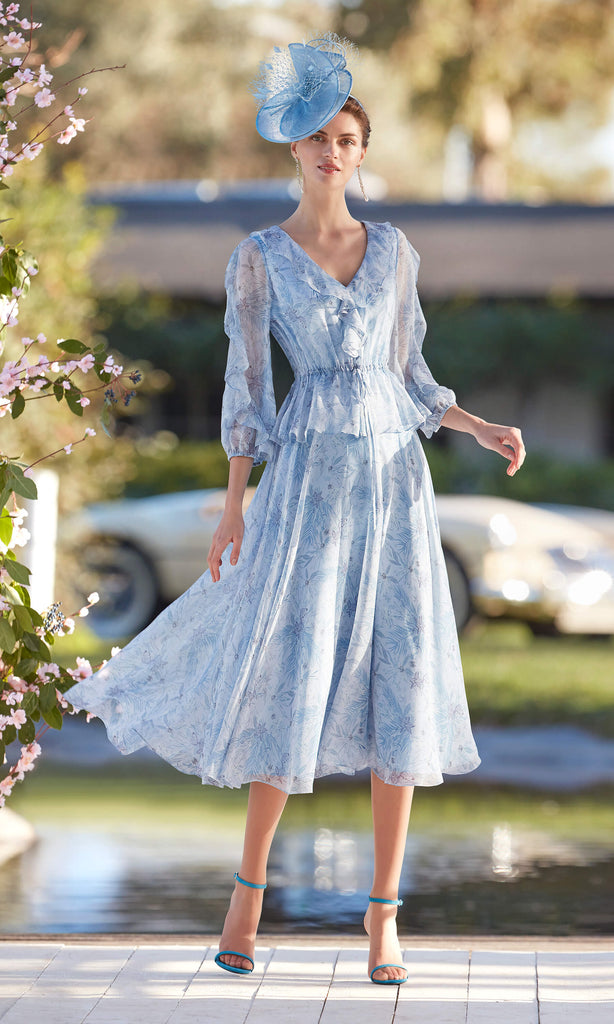 Couture Club 5G109 Blue Chiffon Midi Occasion Dress With Sleeves - Fab Frocks