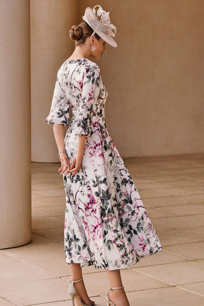 Couture Club 7G128 Fuchsia Pink Print Chiffon Occasion Dress With Sleeves - Fab Frocks Boutique