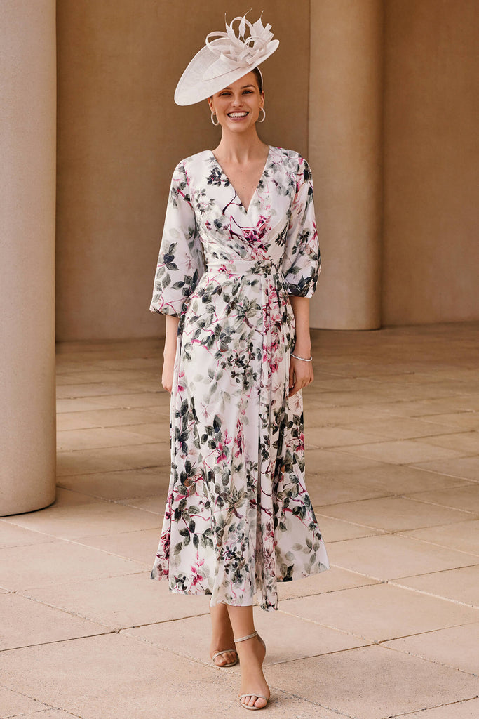 Couture Club 7G128 Fuchsia Pink Print Chiffon Occasion Dress With Sleeves - Fab Frocks Boutique