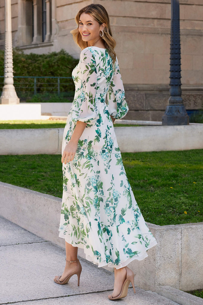 Couture Club 7G129 Emerald Print Chiffon Occasion Dress With Sleeves - Fab Frocks