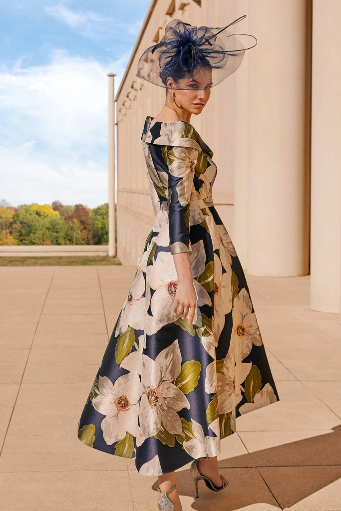 Couture Club 7G167 Navy Blue Floral Print Midi Occasion Dress - Fab Frocks Boutique