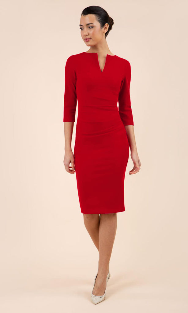 Diva Catwalk Lydia True Red 3/4 Sleeve Ruched Bodycon Dress - Fab Frocks