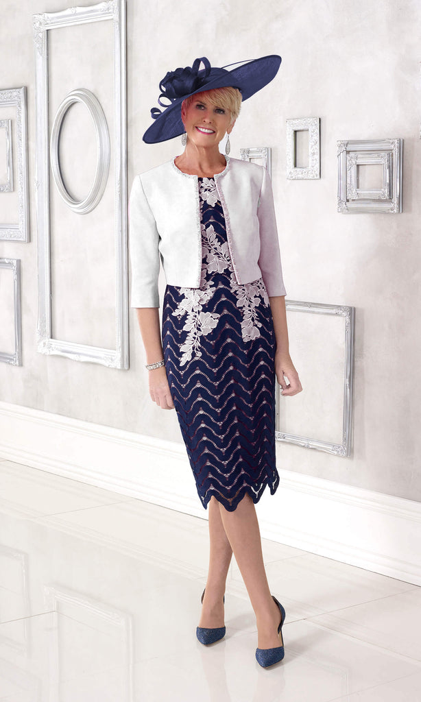 DC100D Navy Ivory Dress Code Lace Dress & Ivory Bolero - Fab Frocks