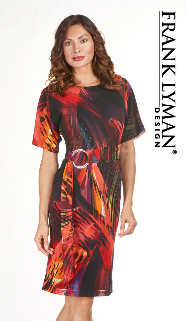 183326 Orange Black Frank Lyman Jersey Print Dress - Fab Frocks