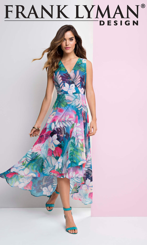 191301 Pink Frank Lyman Chiffon Floral Print Hi-Lo Dress - Fab Frocks