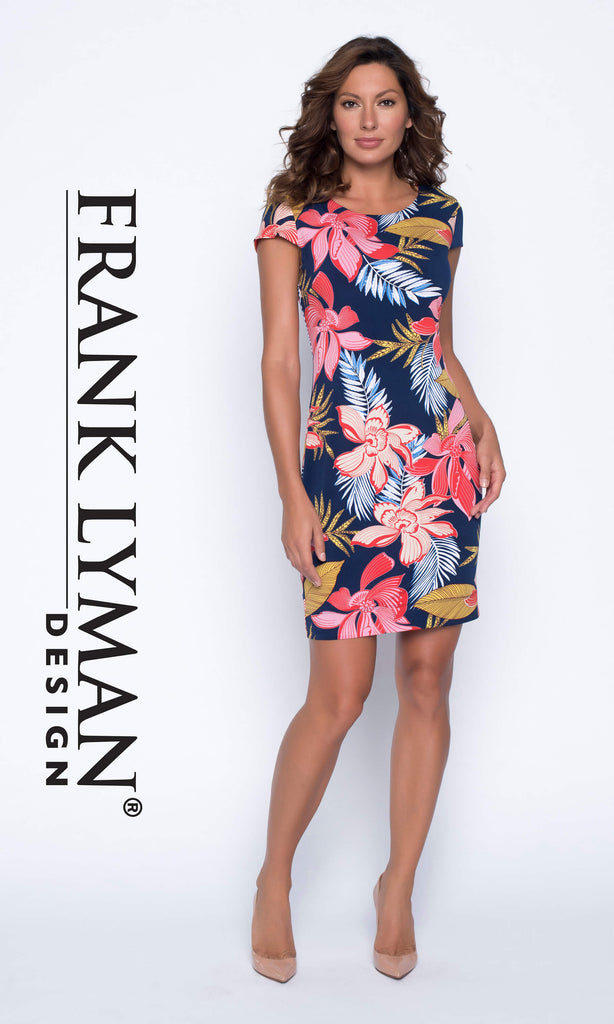191710 Navy Red Frank Lyman Reversible Jersey Print Dress - Fab Frocks