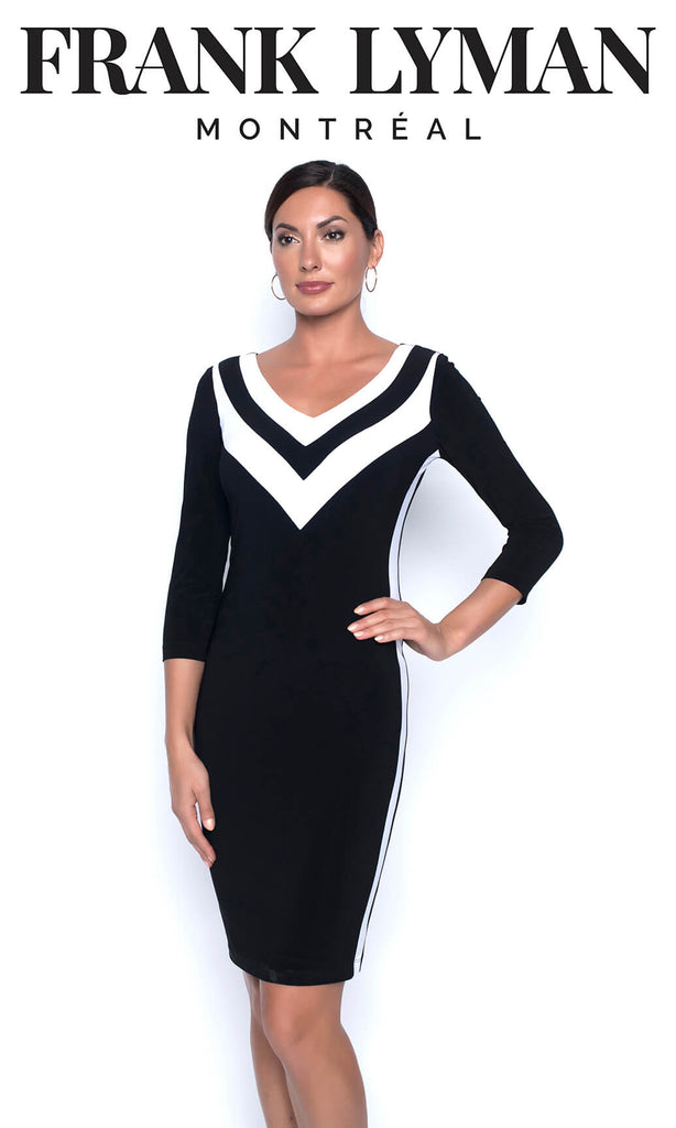 196014 Midnight Blue White Frank Lyman Dress With Sleeves - Fab Frocks
