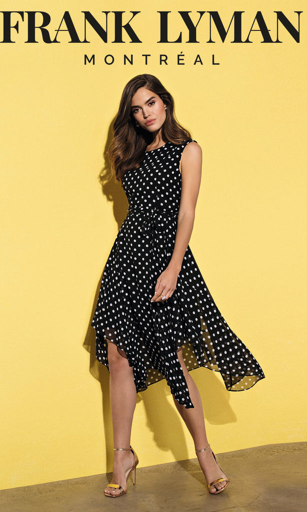 196629 Black White Frank Lyman Polka Dot Handkerchief Hem - Fab Frocks