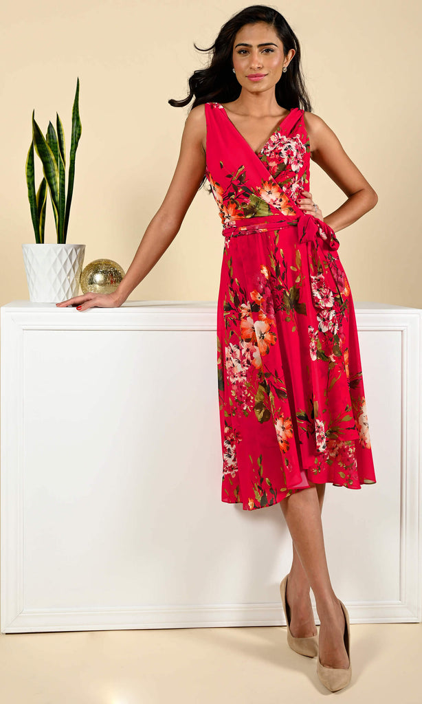 Frank Lyman 221579 Red Floral Print Faux Wrap Day Dress - Fab Frocks