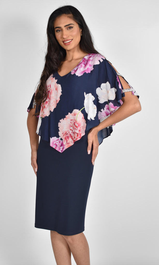 Frank Lyman 222022 Navy Dress With Pink Flower Cape - Fab Frocks