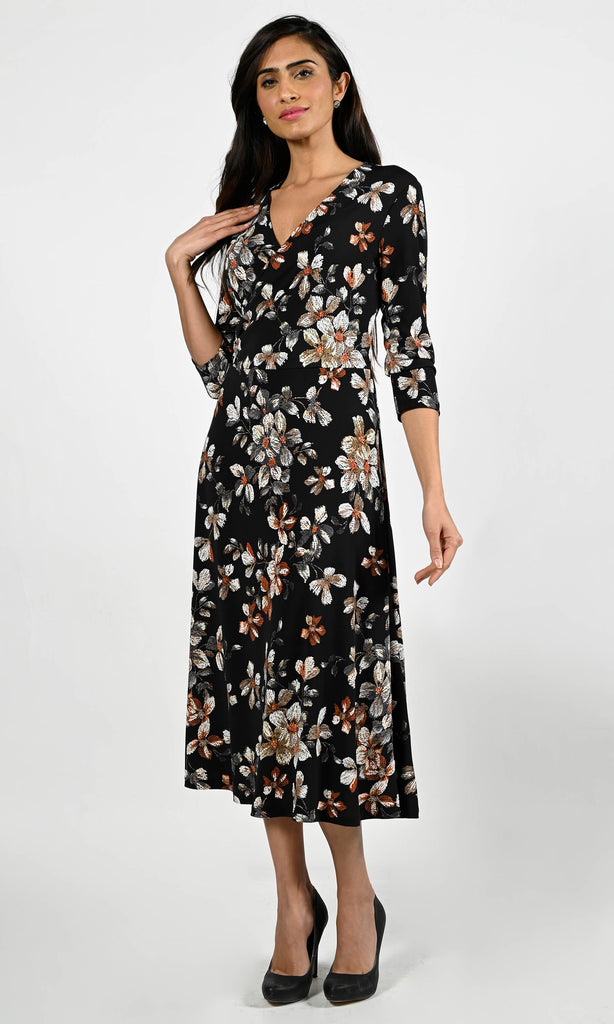 Frank Lyman 224100 Black Floral Print Crossover Dress - Fab Frocks