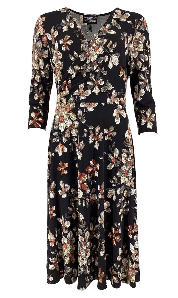 Frank Lyman 224100 Black Floral Print Crossover Dress - Fab Frocks