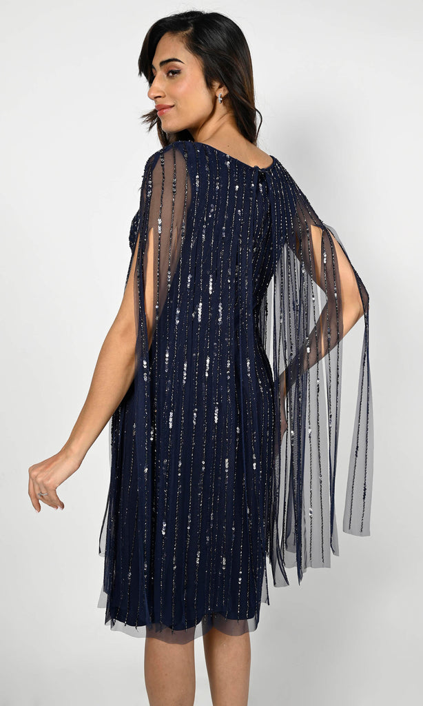 Frank Lyman 229401I Midnight Blue Tassle Cape Cocktail Dress - Fab Frocks