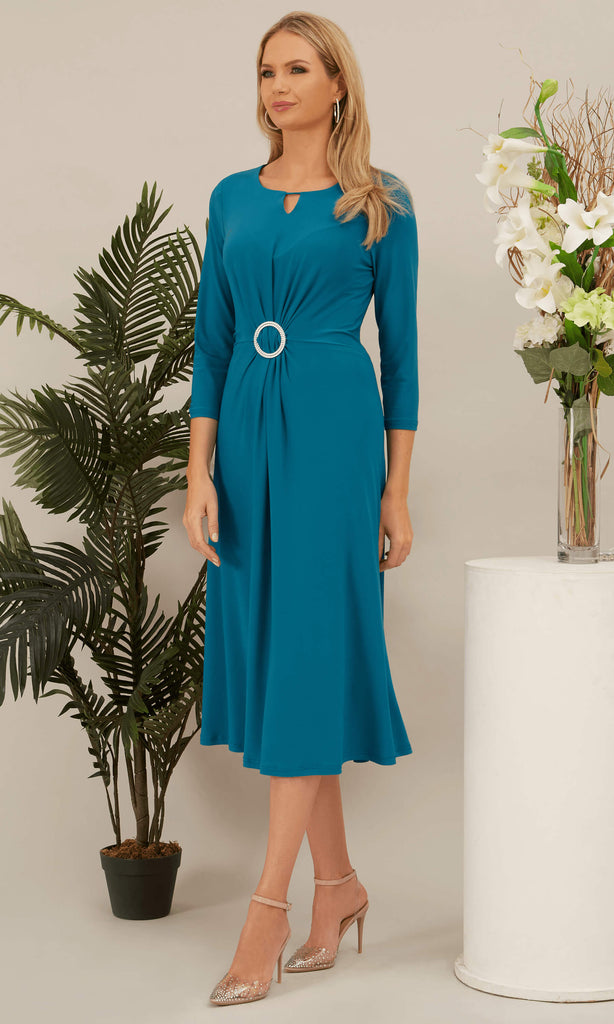 Glitz 1244 Teal Ruched Front Jersey Cocktail Occasion Dress - Fab Frocks