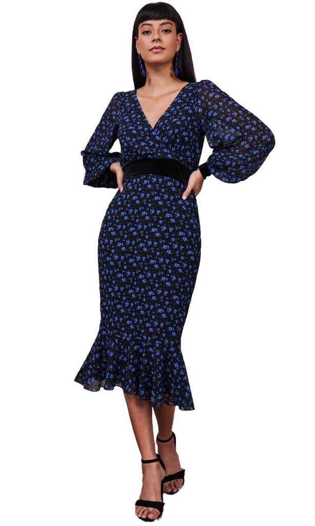 Goddiva London DR3271 Navy Floral Print Dress - Fab Frocks